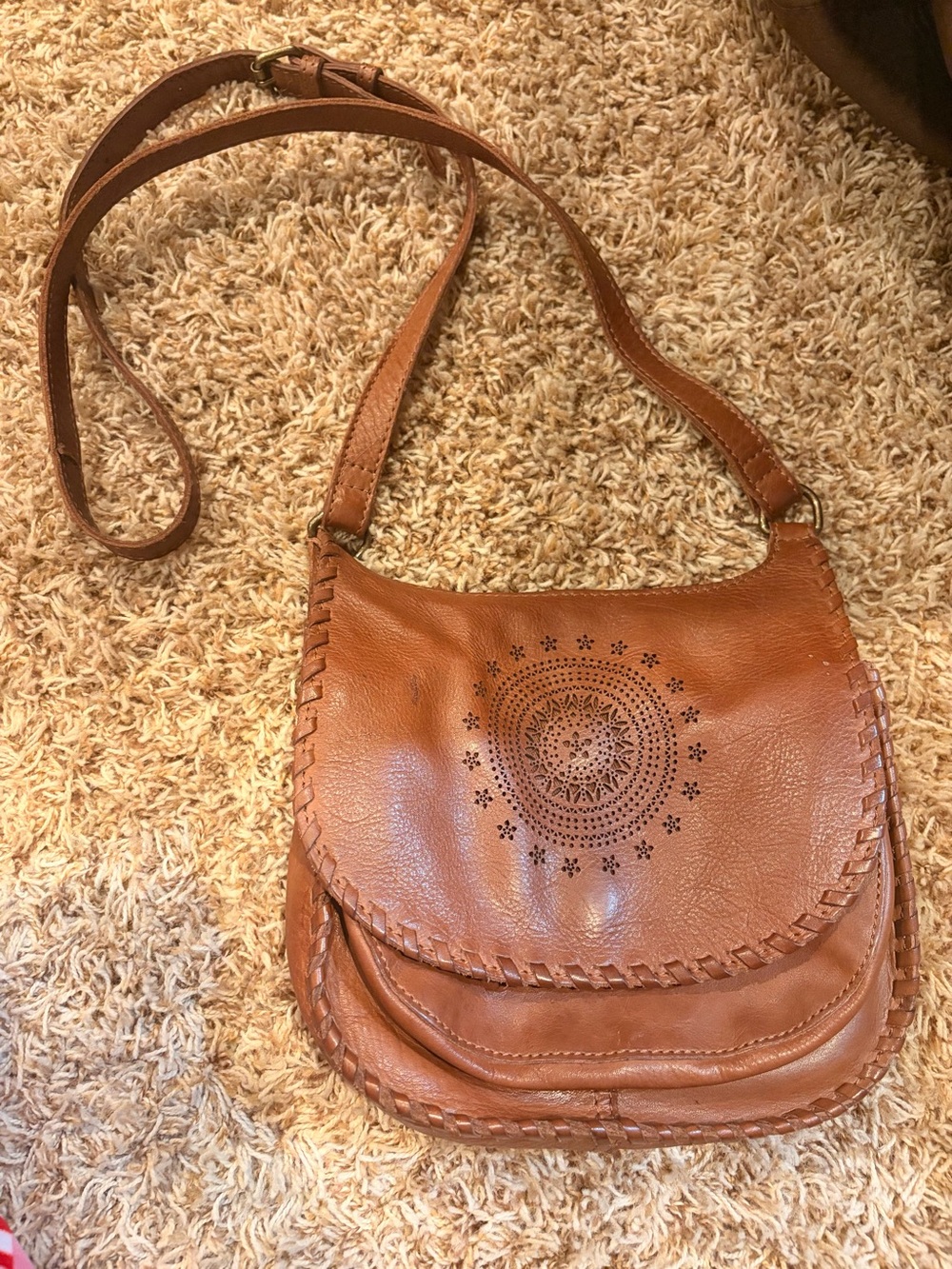 Women's Brown 100% Leather Crossbody Bag with Decorative Laser-Cut Motif